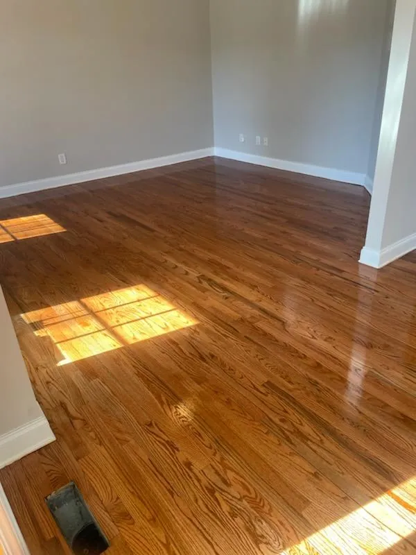Amber hardwood floor in an empty room with sunlight across the boards